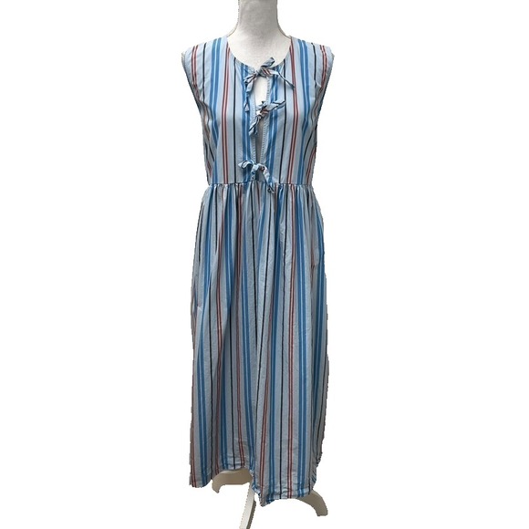 Ganni Striped Midaxi Dress Womens 42 US 10 Blue Brown Tie Front Organic Cotton